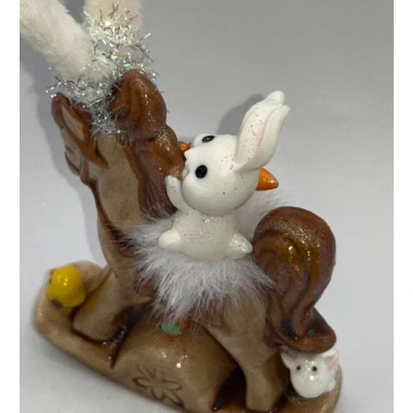 Vintage Ceramic Mini Rocking Horse Easter Bunny Chick Rider Faux Fur saddle OOAK - Picture 14 of 16